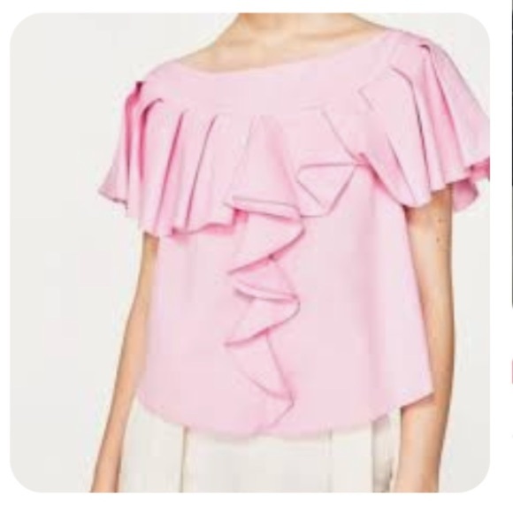 NWT! ZARA Barbie Coquette Light Pink Off Shoulder Ruffle Top Blouse XS - Picture 6 of 9